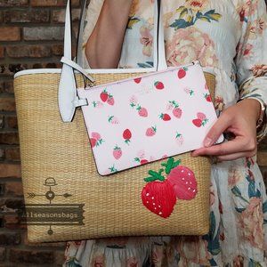 Kate Spade Picnic In The Park Small Bag Strawberry Tote With Pink Fruit Wristlet